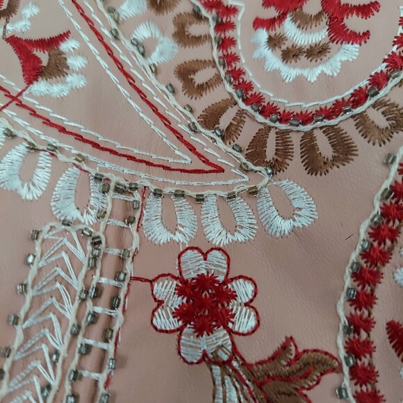 VERTE Embroidered Mini Skirt Pleather Faux Leather Pink Boho Chic Large - Picture 4 of 11